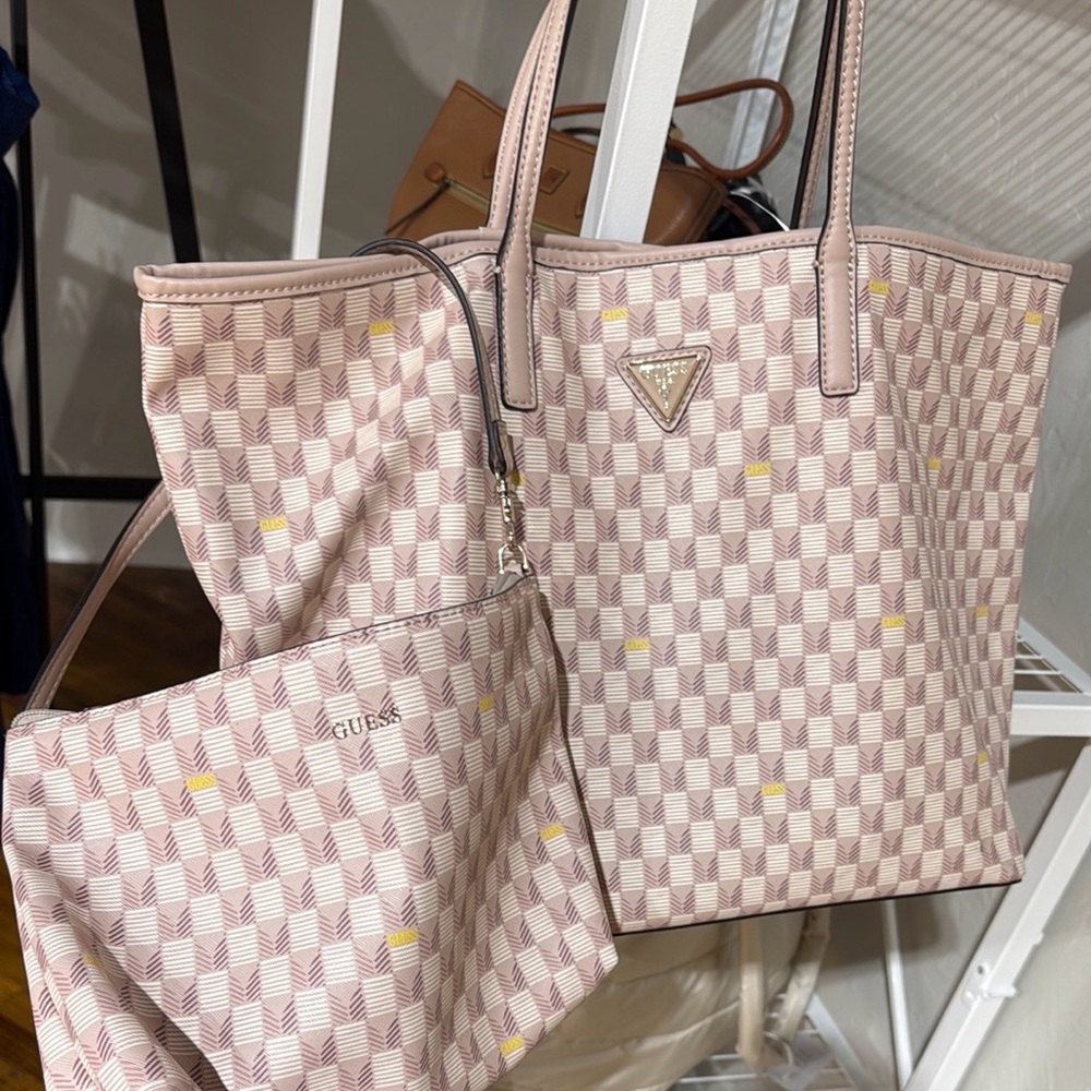 Guess Pink and Yellow Checkered Tote Bag